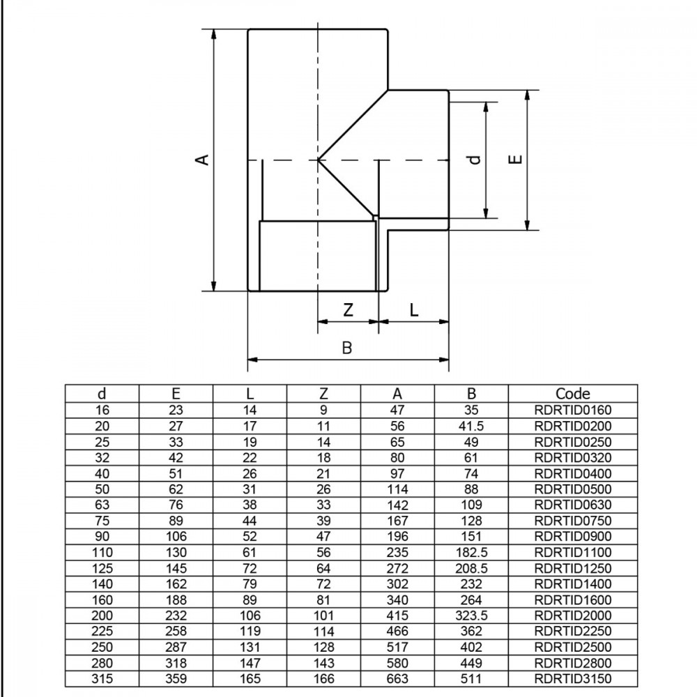 Тройник ПВХ Effast RDRTID2250 90°, d225 мм
