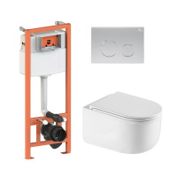 Комплект: Qtap Taurus Ultra Quiet унитаз подвесной QT2433084EUQW + Nest комплект инсталляции 4в1 (Клавиша круглая Satin) QT0133M425 + QT0111M11111SAT