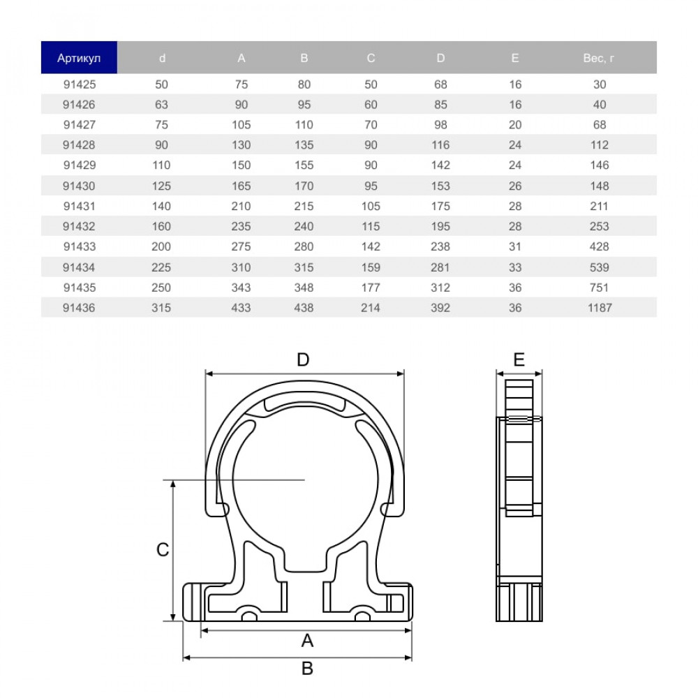 Крепление для труб ПВХ Hidroten 1091426, с фиксатором, d63 мм